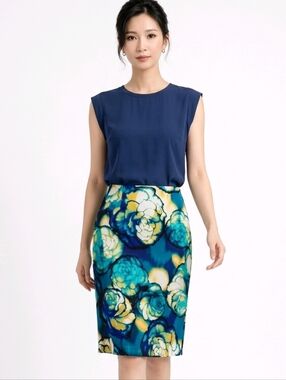 Worthington Julia Teal Floral Patterned Side Zip Pencil Skirt Size 8